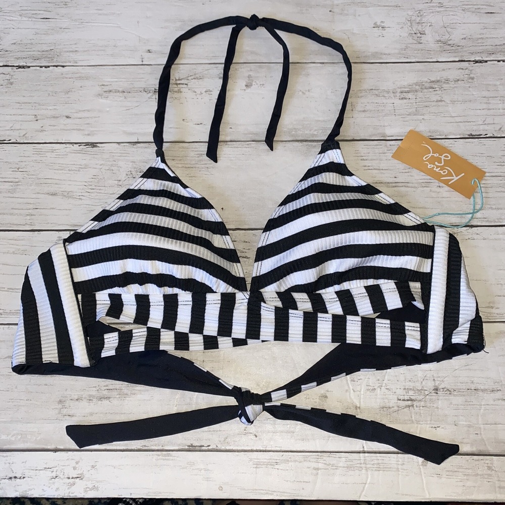 Kona Sol Bikini Top Womens Medium Black White Stripe Halter Textured Target M